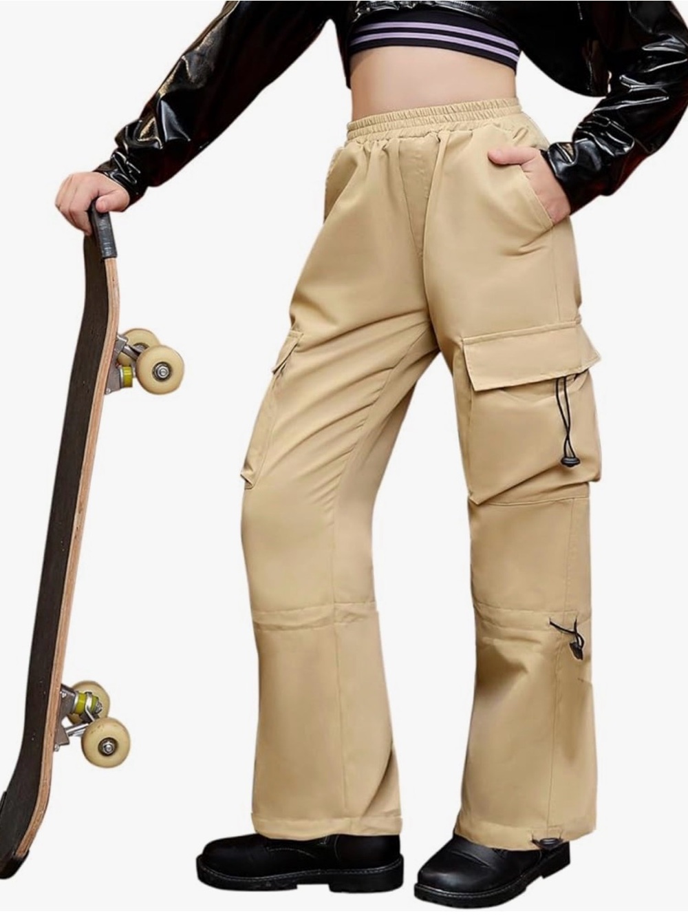 Girls Cargo Wide Leg Jogger Drawstring Parachute Pants and Utility Pockets